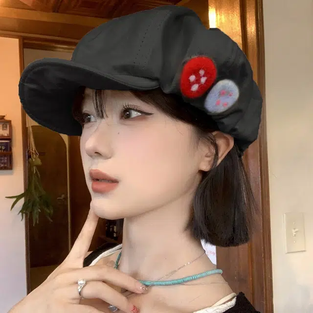 优幽兰 韩版甜美可爱画家帽高级感彩色毛毡纽扣八角帽子时尚小众设计感大头围报童帽高颜值 棉 贝雷帽 女款