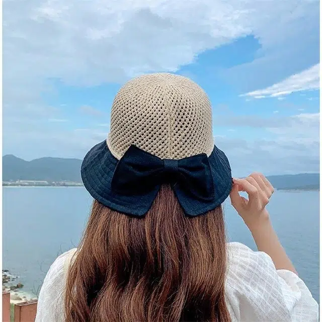 优幽兰 防晒实用休闲小众大头围显脸小沙滩遮阳高级感蝴蝶结设计感甜美可爱 聚酯纤维 渔夫帽 女款