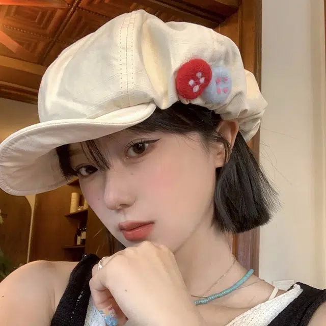 优幽兰 韩版甜美可爱画家帽高级感彩色毛毡纽扣八角帽子时尚小众设计感大头围报童帽高颜值 棉 贝雷帽 女款