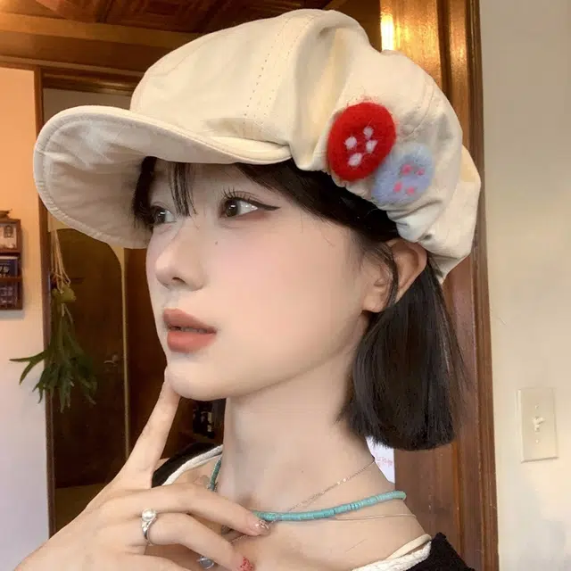 优幽兰 韩版甜美可爱画家帽高级感彩色毛毡纽扣八角帽子时尚小众设计感大头围报童帽高颜值 棉 贝雷帽 女款