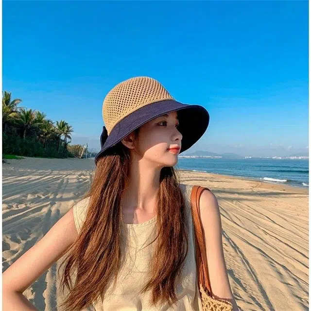 优幽兰 防晒实用休闲小众大头围显脸小沙滩遮阳高级感蝴蝶结设计感甜美可爱 聚酯纤维 渔夫帽 女款