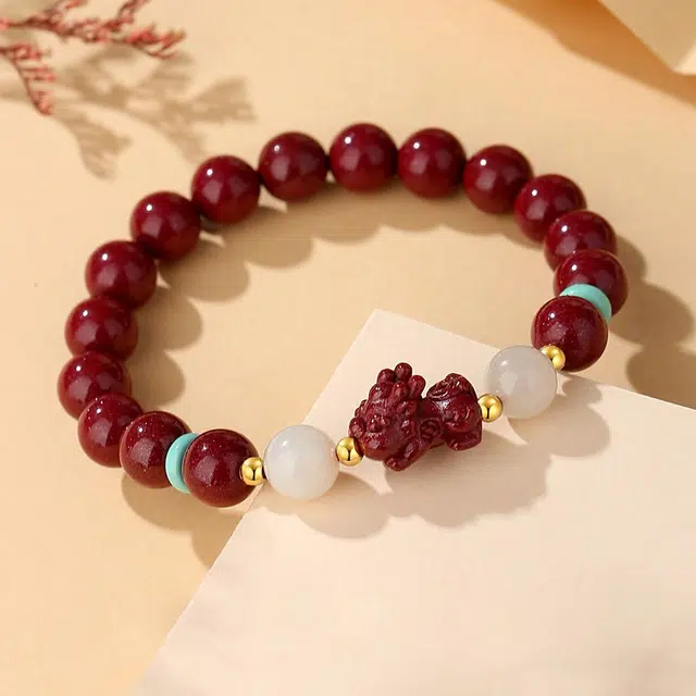 琅风 貔貅国潮风复古串珠吞金兽手饰品 再造辰砂朱砂 玉石手串 男女同款情侣款