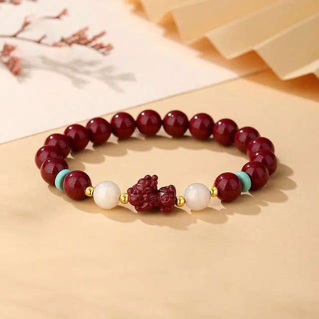 琅风 貔貅国潮风复古串珠吞金兽手饰品 再造辰砂朱砂 玉石手串 男女同款情侣款