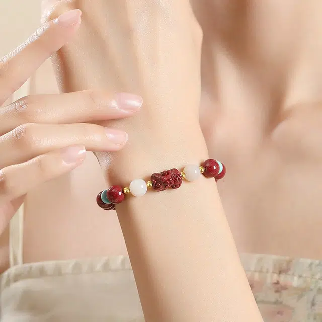 琅风 貔貅国潮风复古串珠吞金兽手饰品 再造辰砂朱砂 玉石手串 男女同款情侣款