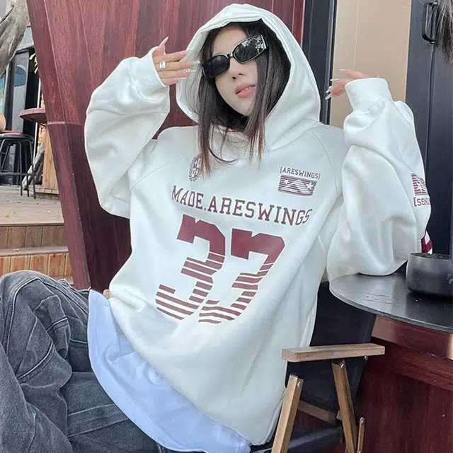 极限涡轮 美式高街复古运动条纹徽章印花宽松休闲重磅套头连帽卫衣 男女同款 蓝色