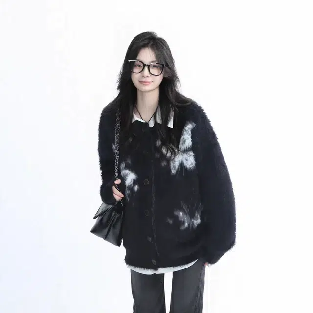 玉儿恋 美式复古蝴蝶提花圆领设计感开衫时尚纯色宽松百搭长袖针织衫 男女同款 黑色