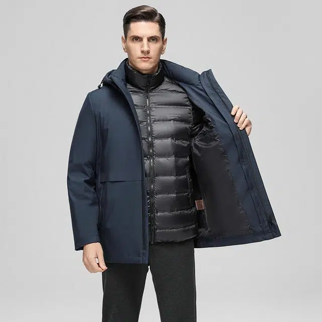 鸭鸭 薄款三合一中老年纯色商务休闲百搭拆卸帽户外防寒保暖工装风中长款羽绒服 男款