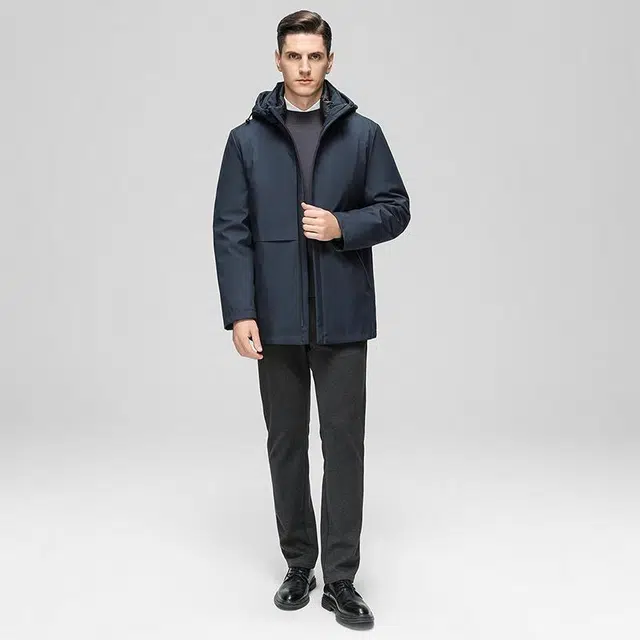 鸭鸭 薄款三合一中老年纯色商务休闲百搭拆卸帽户外防寒保暖工装风中长款羽绒服 男款