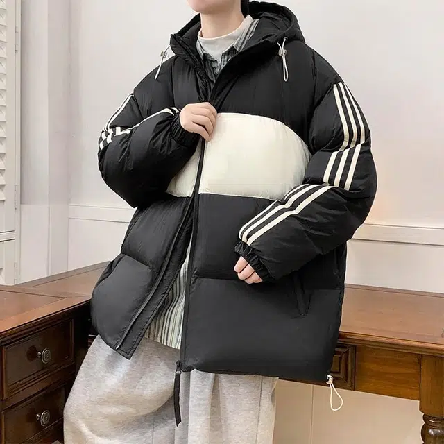 玉儿恋 加棉加厚恒温保暖潮牌高街撞色条纹拼接户外通勤防风御寒保暖面包服街头痞帅潮流舒适百搭宽松休闲连帽落肩垂感直筒棉服 男女同款