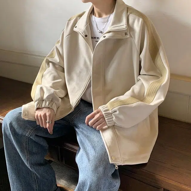 玉儿恋 美式纯色条纹简约基础麂皮绒宽松休闲翻领夹克外套 男女同款