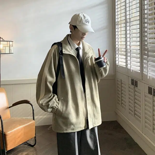 玉儿恋 美式纯色条纹简约基础麂皮绒宽松休闲翻领夹克外套 男女同款