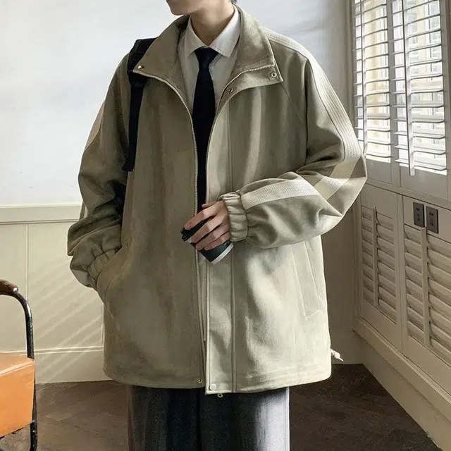 玉儿恋 美式纯色条纹简约基础麂皮绒宽松休闲翻领夹克外套 男女同款