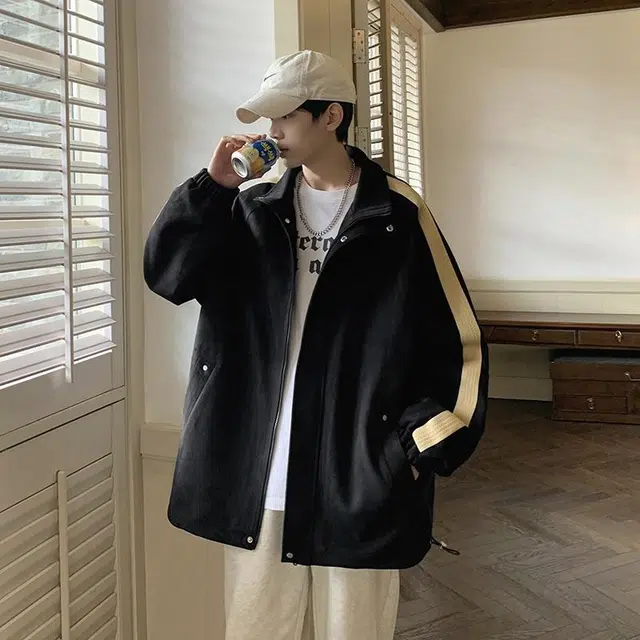 玉儿恋 美式纯色条纹简约基础麂皮绒宽松休闲翻领夹克外套 男女同款
