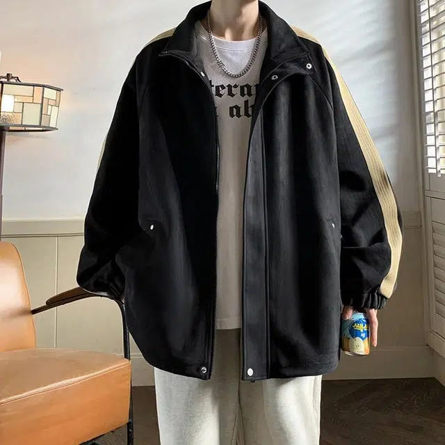 玉儿恋 美式纯色条纹简约基础麂皮绒宽松休闲翻领夹克外套 男女同款