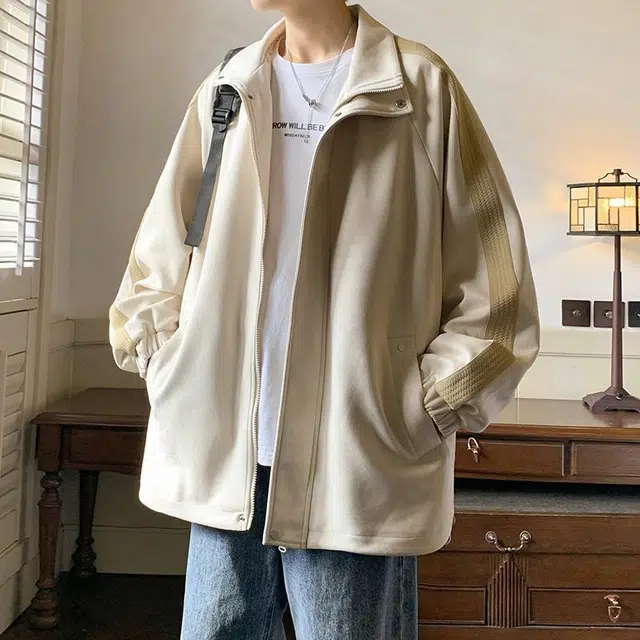 玉儿恋 美式纯色条纹简约基础麂皮绒宽松休闲翻领夹克外套 男女同款