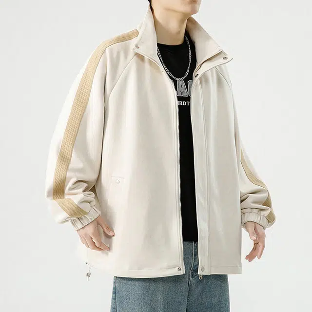 玉儿恋 美式纯色条纹简约基础麂皮绒宽松休闲翻领夹克外套 男女同款