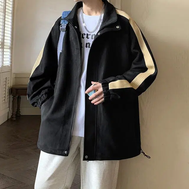 玉儿恋 美式纯色条纹简约基础麂皮绒宽松休闲翻领夹克外套 男女同款