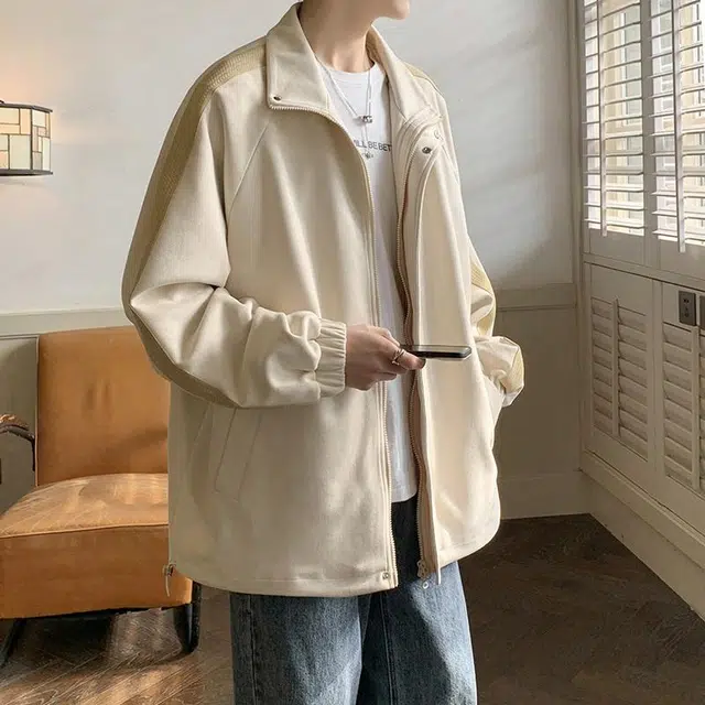 玉儿恋 美式纯色条纹简约基础麂皮绒宽松休闲翻领夹克外套 男女同款