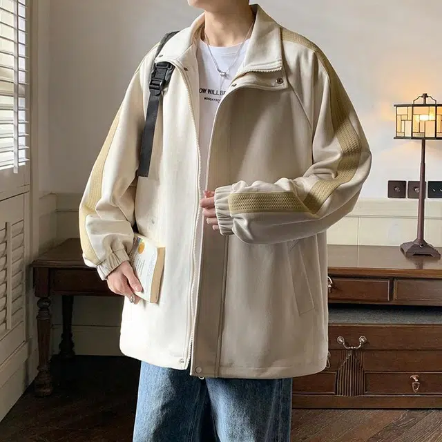 玉儿恋 美式纯色条纹简约基础麂皮绒宽松休闲翻领夹克外套 男女同款