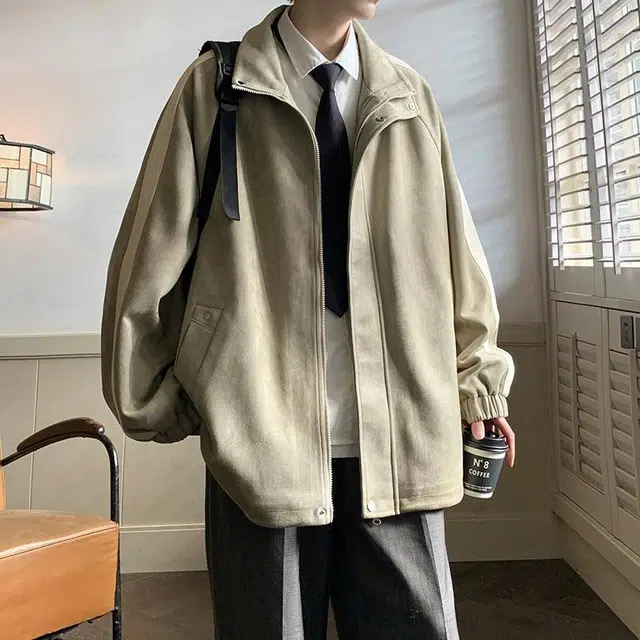 玉儿恋 美式纯色条纹简约基础麂皮绒宽松休闲翻领夹克外套 男女同款