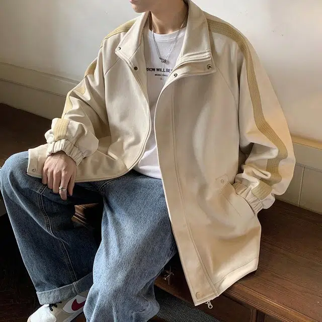 玉儿恋 美式纯色条纹简约基础麂皮绒宽松休闲翻领夹克外套 男女同款