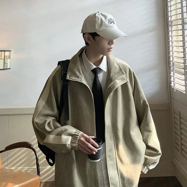 玉儿恋 美式纯色条纹简约基础麂皮绒宽松休闲翻领夹克外套 男女同款