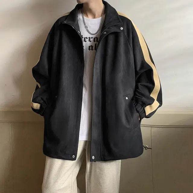 玉儿恋 美式纯色条纹简约基础麂皮绒宽松休闲翻领夹克外套 男女同款