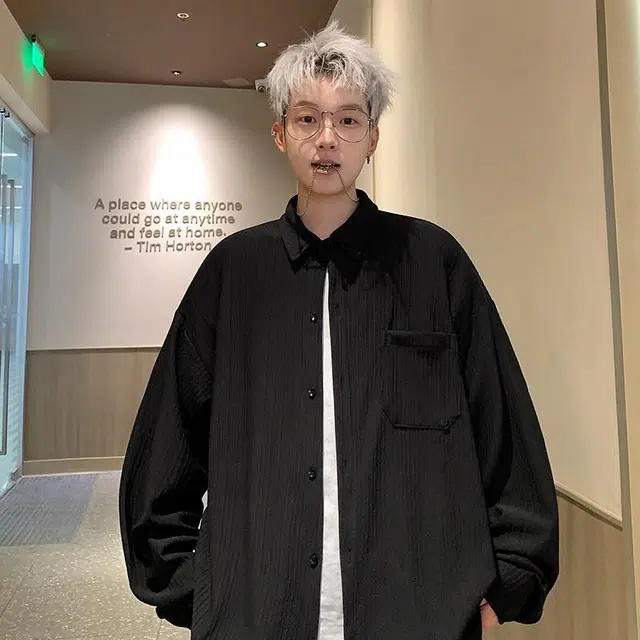 港风潮牌美式潮流提花设计大码重磅透气小清新简约基础款学院风单排扣纯色复古细条纹翻领加绒加厚保暖宽松长袖衬衫 男女同款 黑色