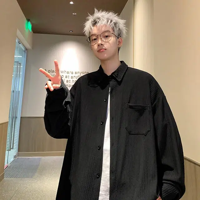 港风潮牌美式潮流提花设计大码重磅透气小清新简约基础款学院风单排扣纯色复古细条纹翻领加绒加厚保暖宽松长袖衬衫 男女同款 黑色