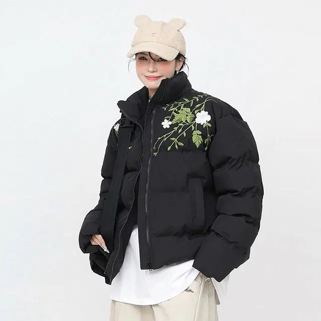 极限涡轮 美式街头刺绣加厚立领舒适保暖面包服宽松时尚休闲植物花卉长袖棉服 男女同款