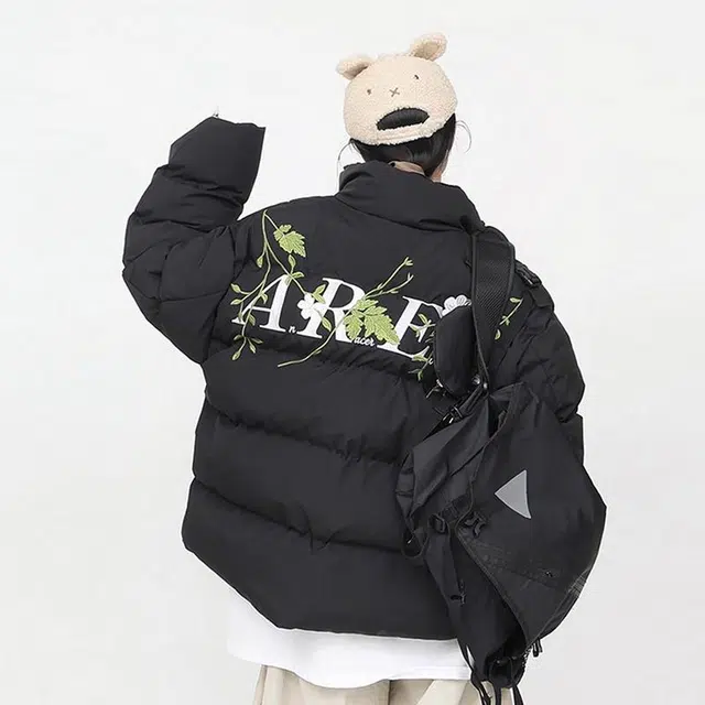 极限涡轮 美式街头刺绣加厚立领舒适保暖面包服宽松时尚休闲植物花卉长袖棉服 男女同款
