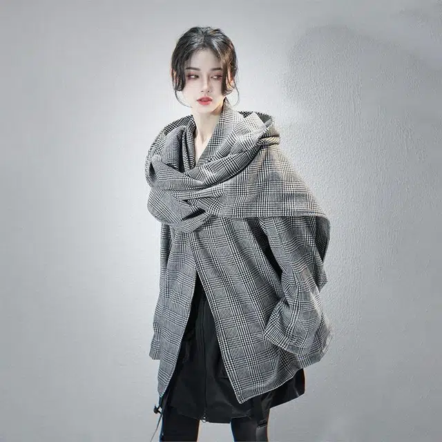 吉业重工 纯色格子千鸟格翻领纽扣双肩围脖呢子长袖夹克外套 男女同款