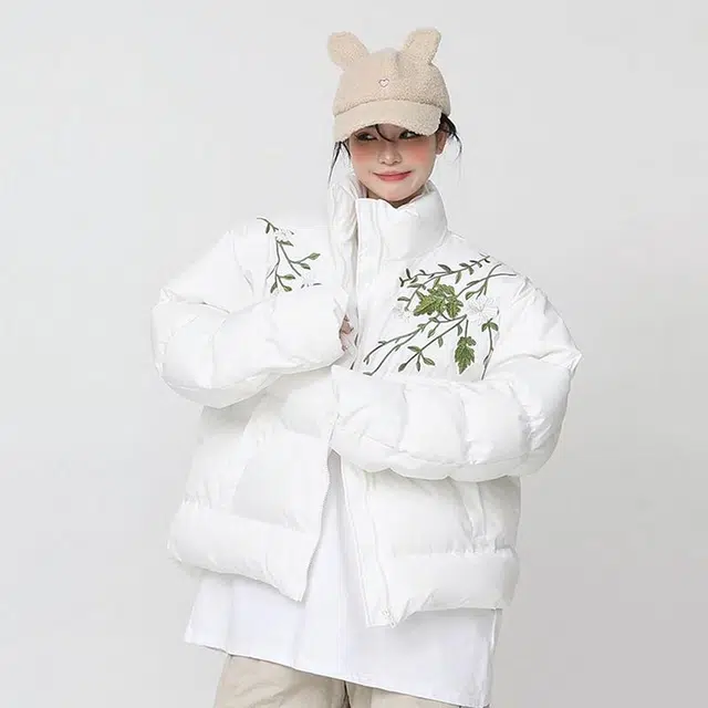 极限涡轮 美式街头刺绣加厚立领舒适保暖面包服宽松时尚休闲植物花卉长袖棉服 男女同款