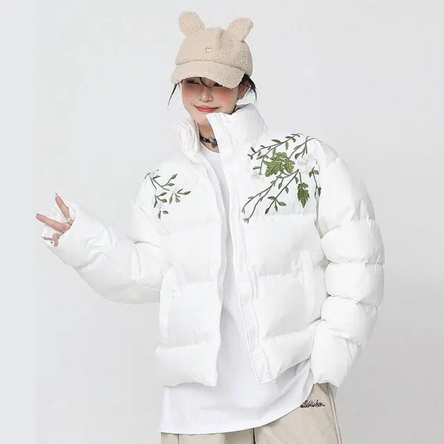 极限涡轮 美式街头刺绣加厚立领舒适保暖面包服宽松时尚休闲植物花卉长袖棉服 男女同款