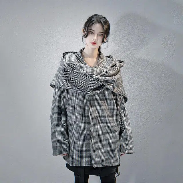 吉业重工 纯色格子千鸟格翻领纽扣双肩围脖呢子长袖夹克外套 男女同款