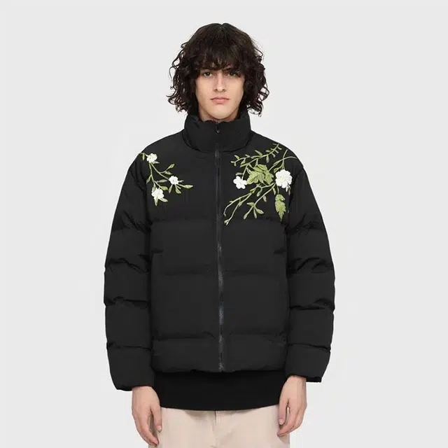 极限涡轮 美式街头刺绣加厚立领舒适保暖面包服宽松时尚休闲植物花卉长袖棉服 男女同款