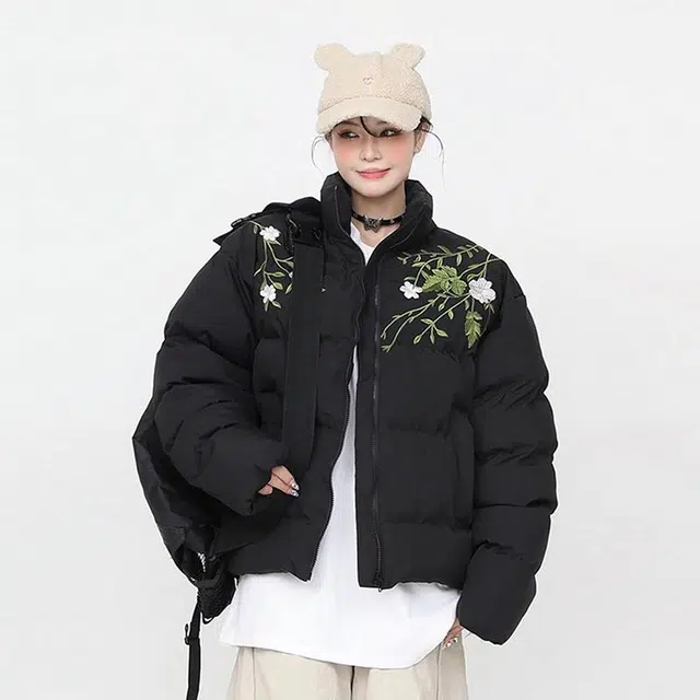 极限涡轮 美式街头刺绣加厚立领舒适保暖面包服宽松时尚休闲植物花卉长袖棉服 男女同款