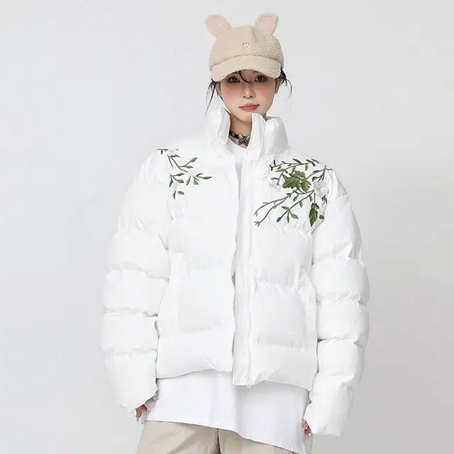 极限涡轮 美式街头刺绣加厚立领舒适保暖面包服宽松时尚休闲植物花卉长袖棉服 男女同款