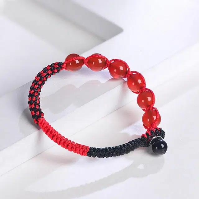 石头记 带带平安 中国风 黑红 手工 编织 红绳 好运转运珠 玛瑙 玉石手链 男女同款情侣款