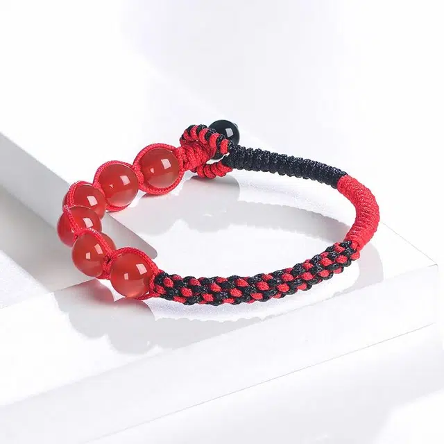 石头记 带带平安 中国风 黑红 手工 编织 红绳 好运转运珠 玛瑙 玉石手链 男女同款情侣款