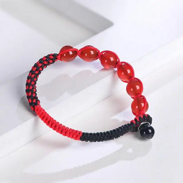 石头记 带带平安 中国风 黑红 手工 编织 红绳 好运转运珠 玛瑙 玉石手链 男女同款情侣款