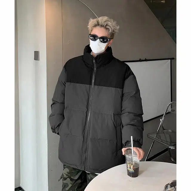 玉儿恋 港风潮牌撞色拼接防风加厚御寒保暖面包服外套痞帅街头户外通勤时尚锁温潮流舒适百搭宽松休闲立领落肩棉服 男女同款
