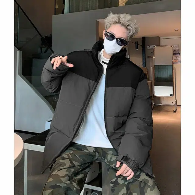 玉儿恋 港风潮牌撞色拼接防风加厚御寒保暖面包服外套痞帅街头户外通勤时尚锁温潮流舒适百搭宽松休闲立领落肩棉服 男女同款