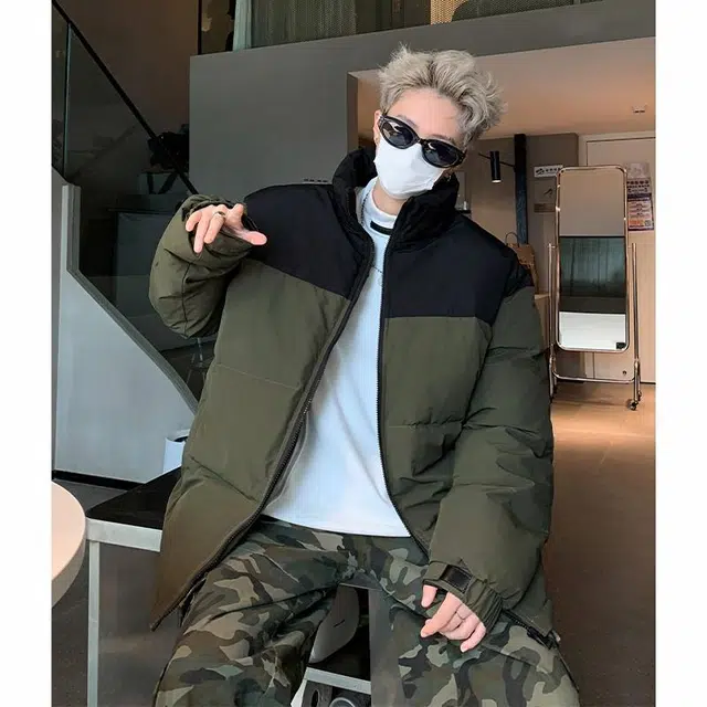 玉儿恋 港风潮牌撞色拼接防风加厚御寒保暖面包服外套痞帅街头户外通勤时尚锁温潮流舒适百搭宽松休闲立领落肩棉服 男女同款