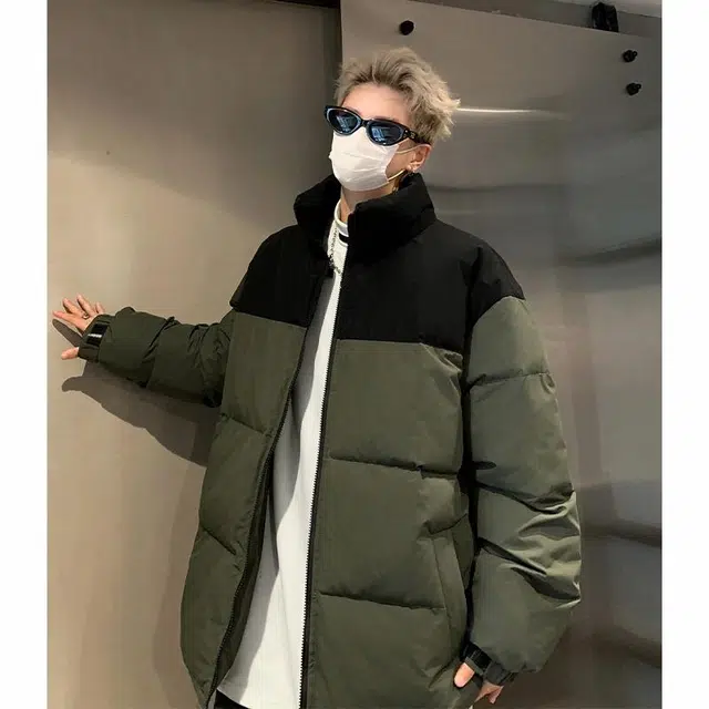 玉儿恋 港风潮牌撞色拼接防风加厚御寒保暖面包服外套痞帅街头户外通勤时尚锁温潮流舒适百搭宽松休闲立领落肩棉服 男女同款