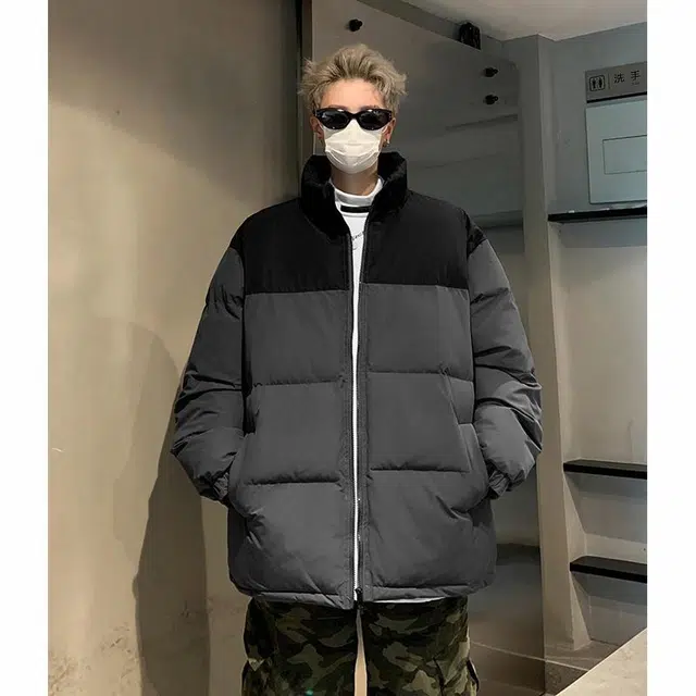 玉儿恋 港风潮牌撞色拼接防风加厚御寒保暖面包服外套痞帅街头户外通勤时尚锁温潮流舒适百搭宽松休闲立领落肩棉服 男女同款