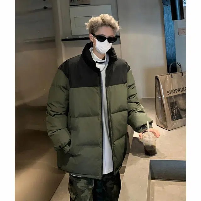 玉儿恋 港风潮牌撞色拼接防风加厚御寒保暖面包服外套痞帅街头户外通勤时尚锁温潮流舒适百搭宽松休闲立领落肩棉服 男女同款