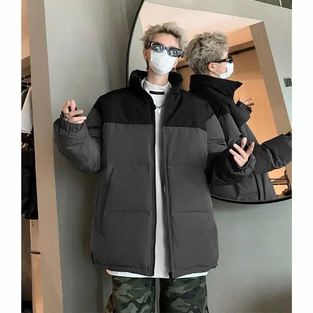 玉儿恋 港风潮牌撞色拼接防风加厚御寒保暖面包服外套痞帅街头户外通勤时尚锁温潮流舒适百搭宽松休闲立领落肩棉服 男女同款
