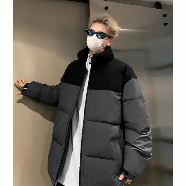 玉儿恋 港风潮牌撞色拼接防风加厚御寒保暖面包服外套痞帅街头户外通勤时尚锁温潮流舒适百搭宽松休闲立领落肩棉服 男女同款