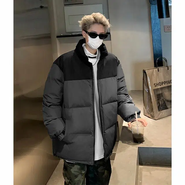 玉儿恋 港风潮牌撞色拼接防风加厚御寒保暖面包服外套痞帅街头户外通勤时尚锁温潮流舒适百搭宽松休闲立领落肩棉服 男女同款